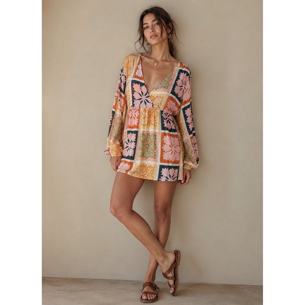VRG GRL Odessa Tile Floral Cotton Linen Mini Dress 6 Boho Resort Vacation Artsy